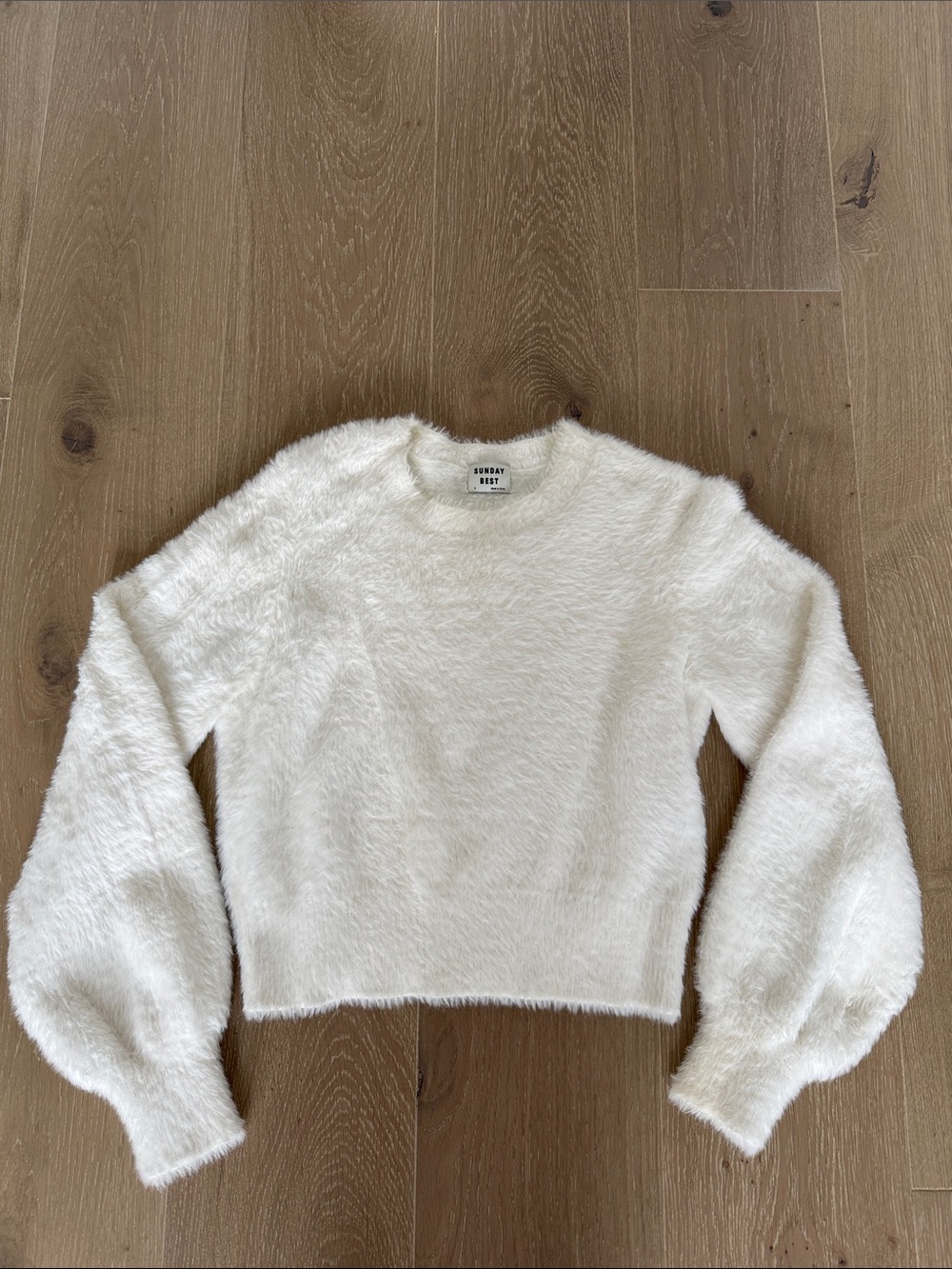 Sunday Best Cream Fuzzy Balloon-Sleeve Crewneck Sweater